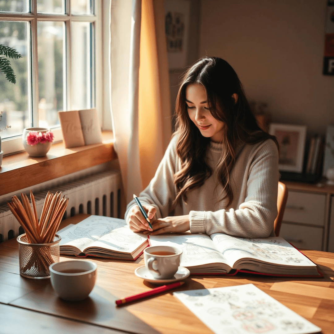 Cozy illustrator's desk bathed in golden light