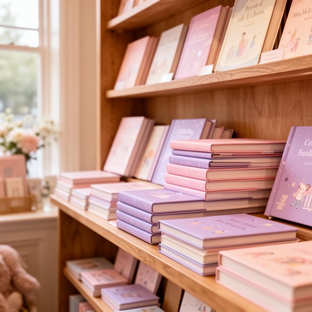 Cozy bookstore shelves stacked with premium pastel coloring books